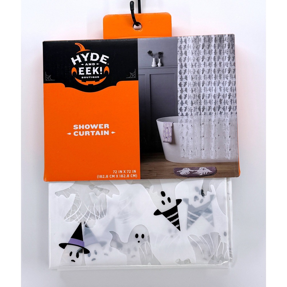 Hyde and Eek Halloween Ghost Shower Curtain 72"x72" PEVA White Black